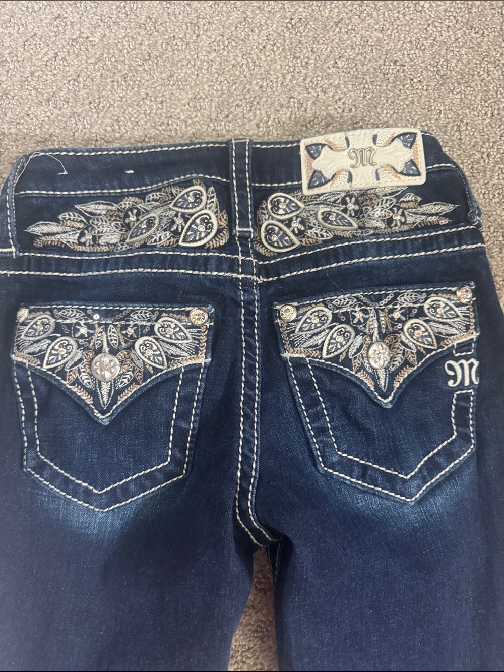Miss Me Dark Blue Flare Jeans with Contrast Stitching - Picture 6 of 7